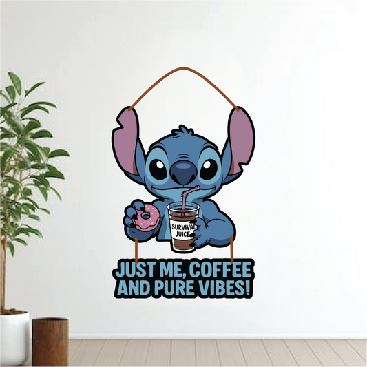 Just Me, Coffee & Pure Vibes – Cute Stitch Wall Hanging