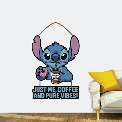 Just Me, Coffee & Pure Vibes – Cute Stitch Wall Hanging
