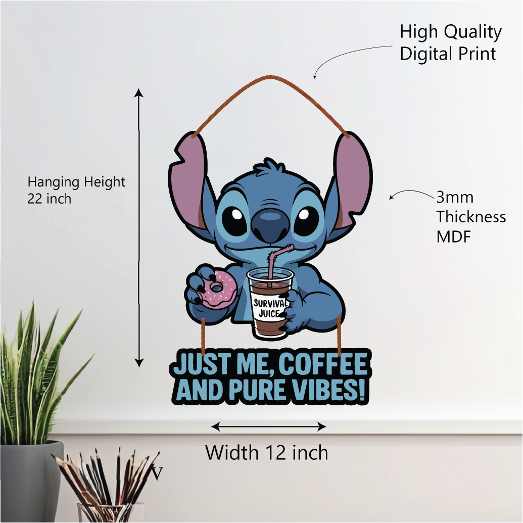 Just Me, Coffee & Pure Vibes – Cute Stitch Wall Hanging