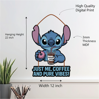 Just Me, Coffee & Pure Vibes – Cute Stitch Wall Hanging
